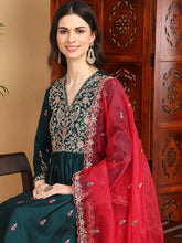 Women Green Silk Blend Yoke Design A-Line Kurta Pant Set With Dupatta